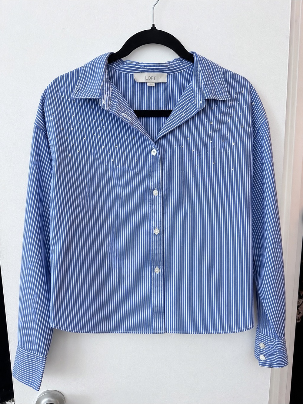 LOFT Blue and White Striped Button-Up with Embellished Dots